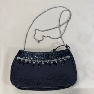 Brighton Black Jacquard Faux Croc Trim Silver Filigree Beaded Chain Evening Bag
